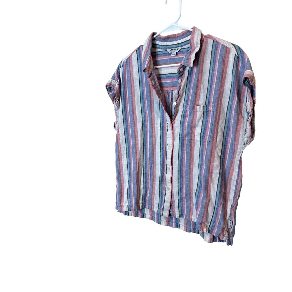 Orvis Shirt Womens Medium Multicolor Stripe Linen Button Front Short Sleeve